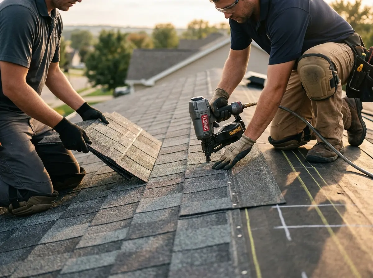 Professional roofer working on a residential roof in Kankakee